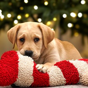 Strudel leaning on a red and white striped stuffed bone